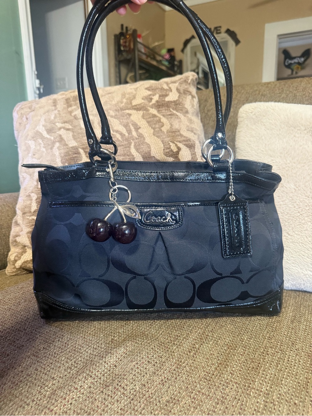 Coach Black Signature Shoulder Tote with Cherries not included